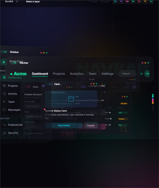 Glass Window Manager — overlapping panes