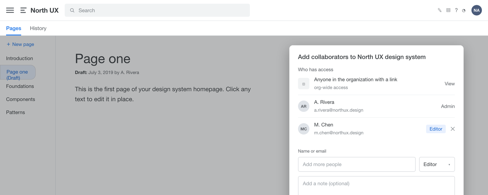 The add-collaborators dialog showing per-person roles: view, admin, and editor.